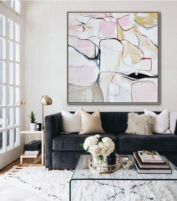Extra Large Acrylic Painting On Canvas,Oversized Abstract Painting,Modern Canvas Art,White,Pink,Yellow,Gray.etc
